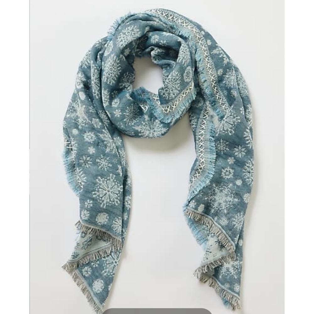 J.jill Medium Weight EMBROIDERED SCARF new LIGHT AZURE MULTI eyelash fringe - Picture 3 of 6